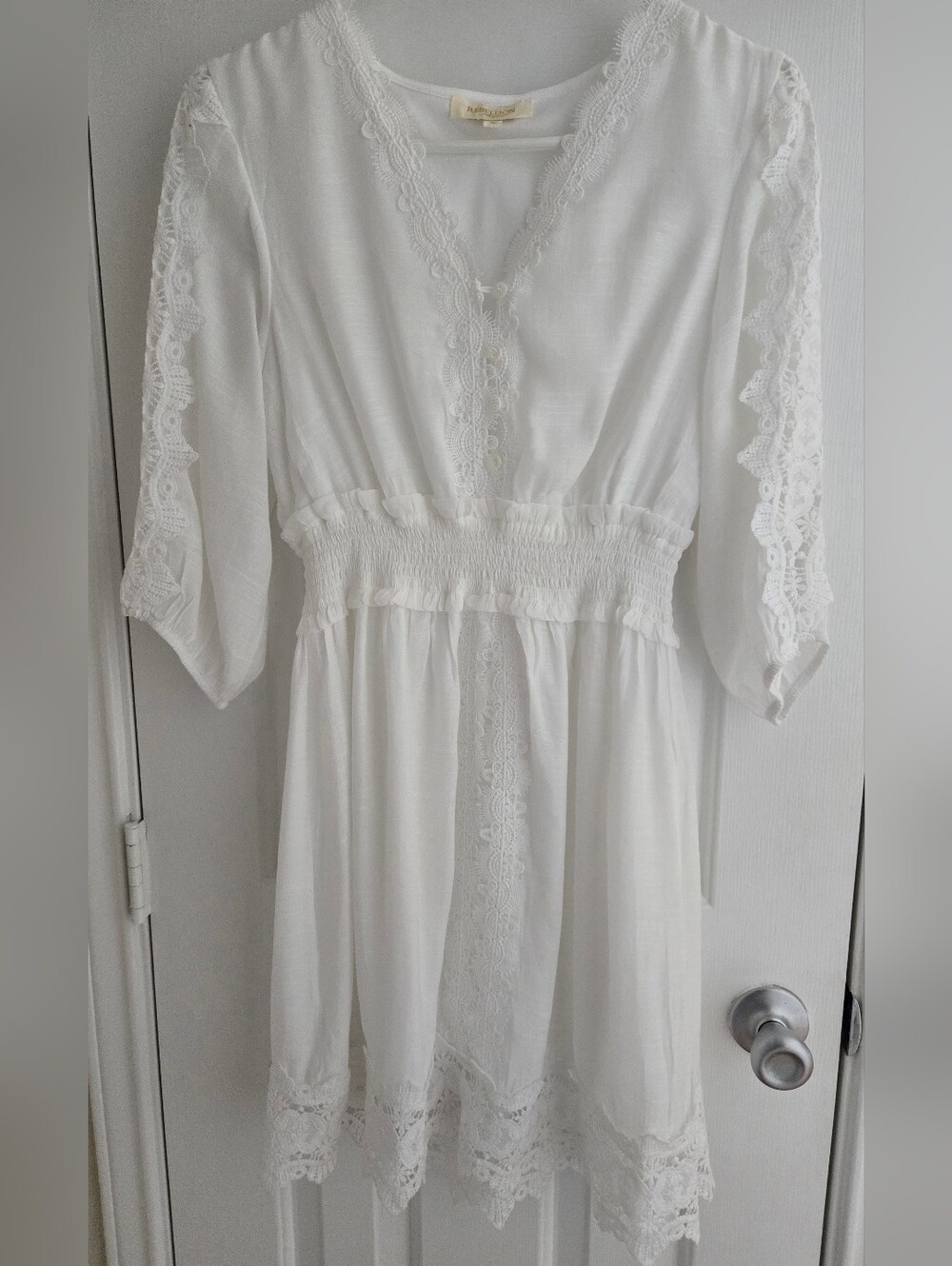 Rebellion Again Boho White Crochet Lace Smocked Mini Dress Size Medium NWOT